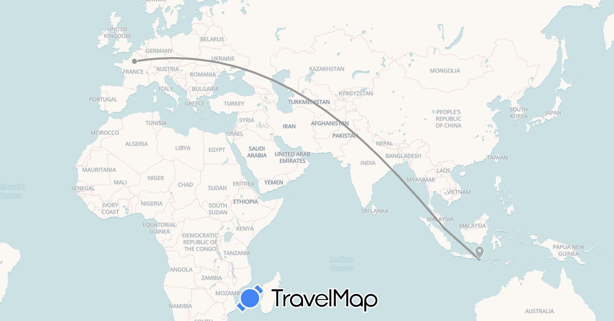TravelMap itinerary: plane in France, Indonesia, Singapore (Asia, Europe)